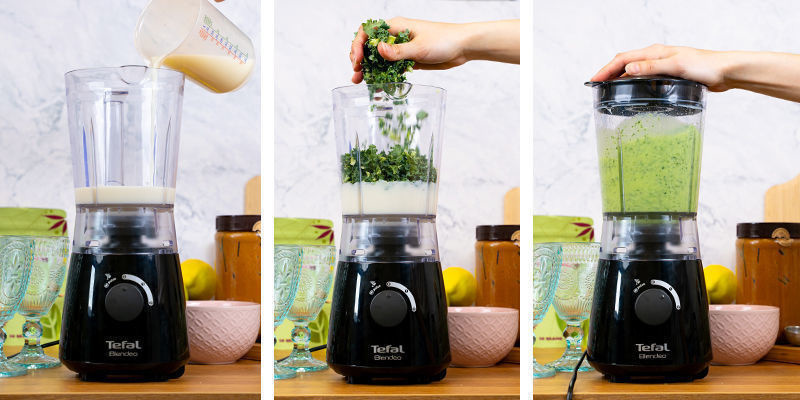 Do mix&eacute;ru nalijte ml&eacute;ko, přidejte kapustu/kadeř&aacute;vek a kr&aacute;tce promixujte.