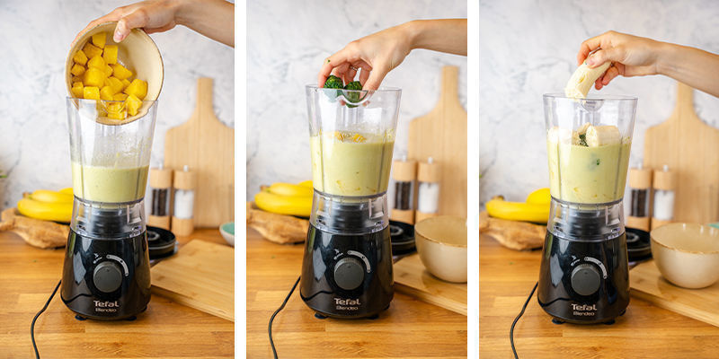 Přidejte mražen&yacute; &scaron;pen&aacute;t, ananas a ban&aacute;n a mixujte, dokud nebude konzistence kr&aacute;sně kr&eacute;mov&aacute;.