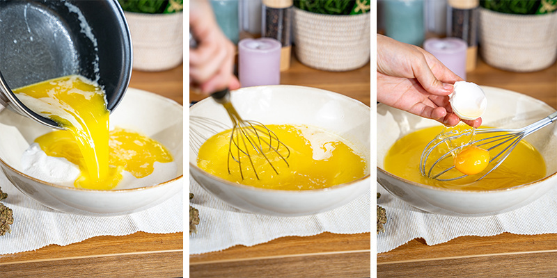 In a large bowl, mix the melted cannabutter with sugar until they are thoroughly combined.